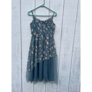 MEIZIDESIGN Floral FairycorebBlue‎ Chiffon Ruffle Trim Slip dress Summer S